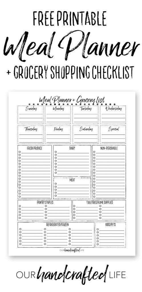 printable meal plan with grocery list