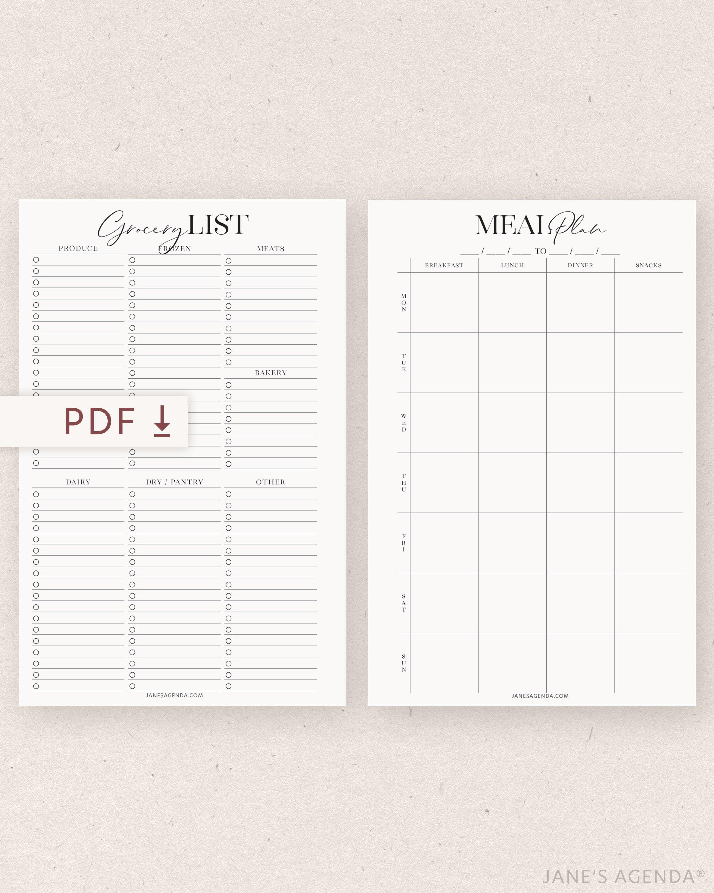 PRINTABLE: Meal Plan &  Grocery Planner Inserts | Janes Agenda