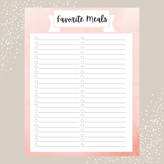 Favorite Meals Printable, Meal Planning Printable Guide, Favorite ...