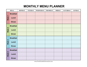 Printable Monthly Menu Planner Color