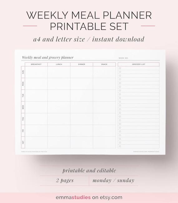 Weekly Meal Planner Printable Shopping, Grocery, Food List A4 and ...