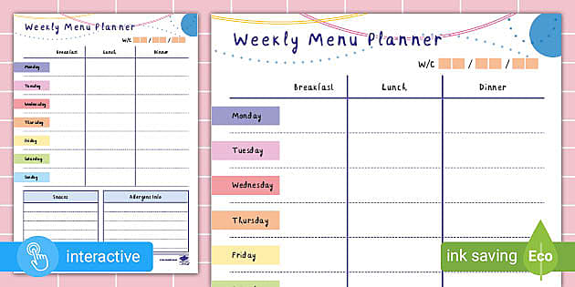 Weekly Meal Planner with Allergens | Twinkl Busy Bees