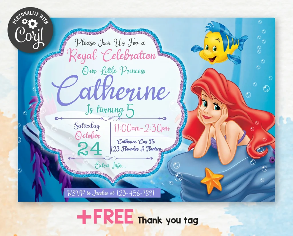 Little Mermaid Birthday Party Invitations | Free thank you tag ...