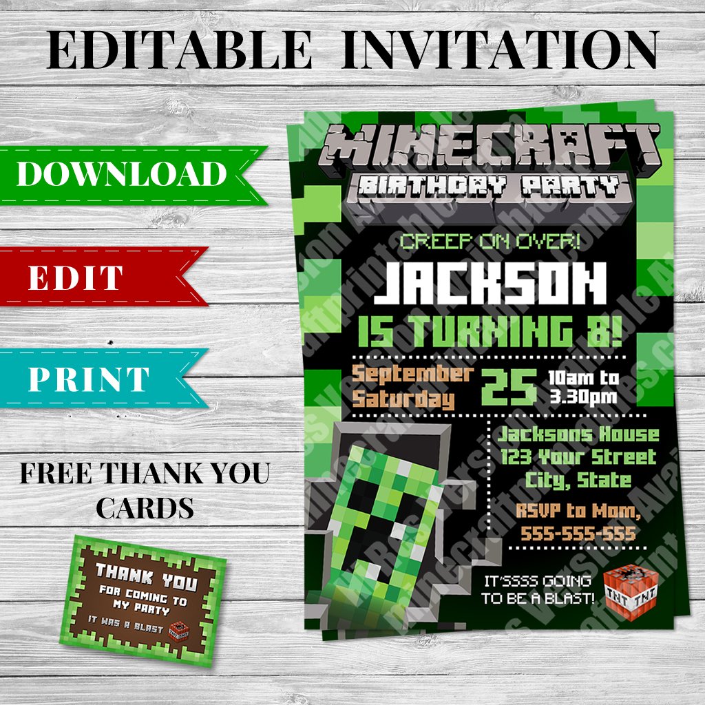 Printable Minecraft Creeper Invitation - Minecraft Birthday Party ...
