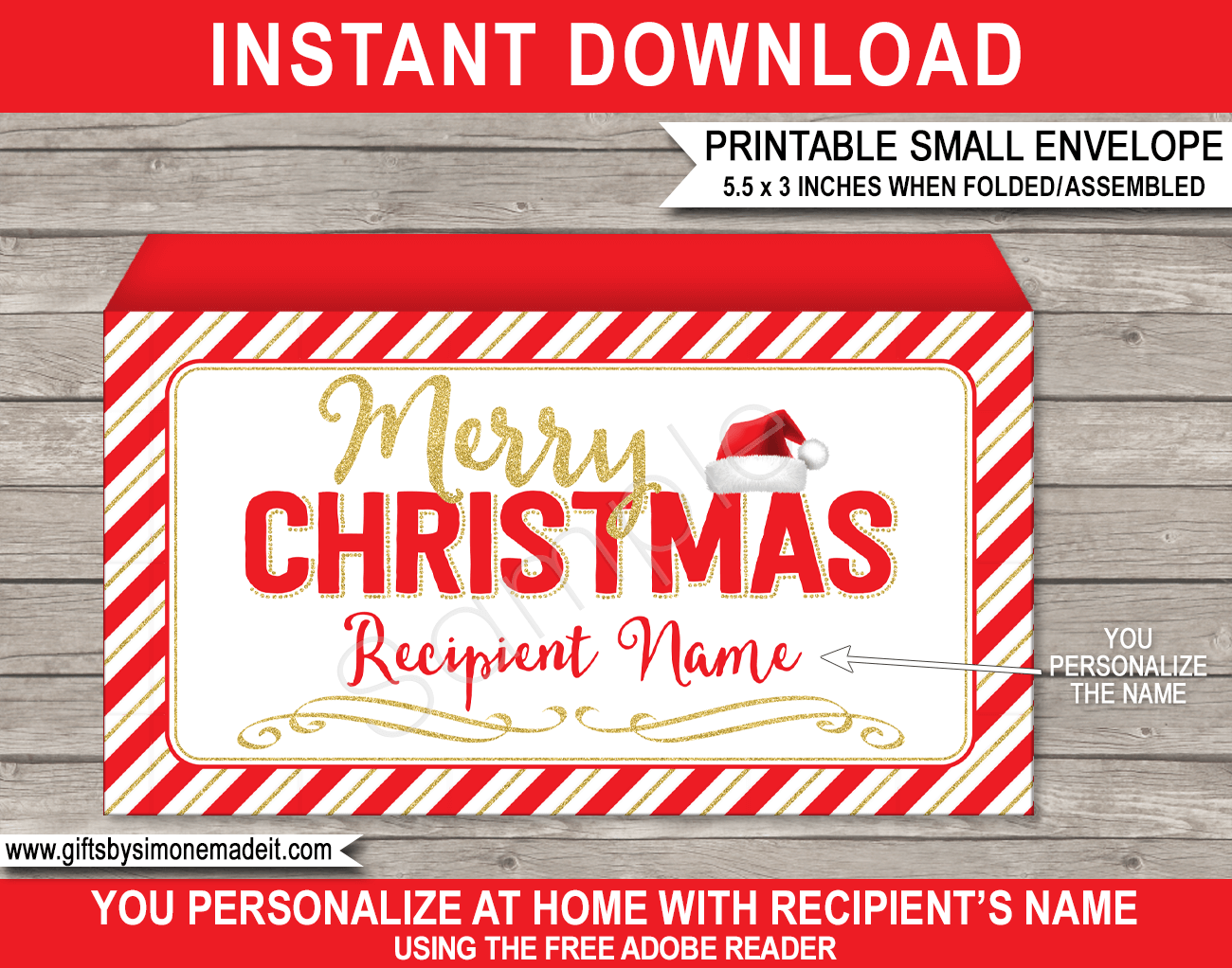 Small Christmas Envelope (Santa Hat) - red &  gold