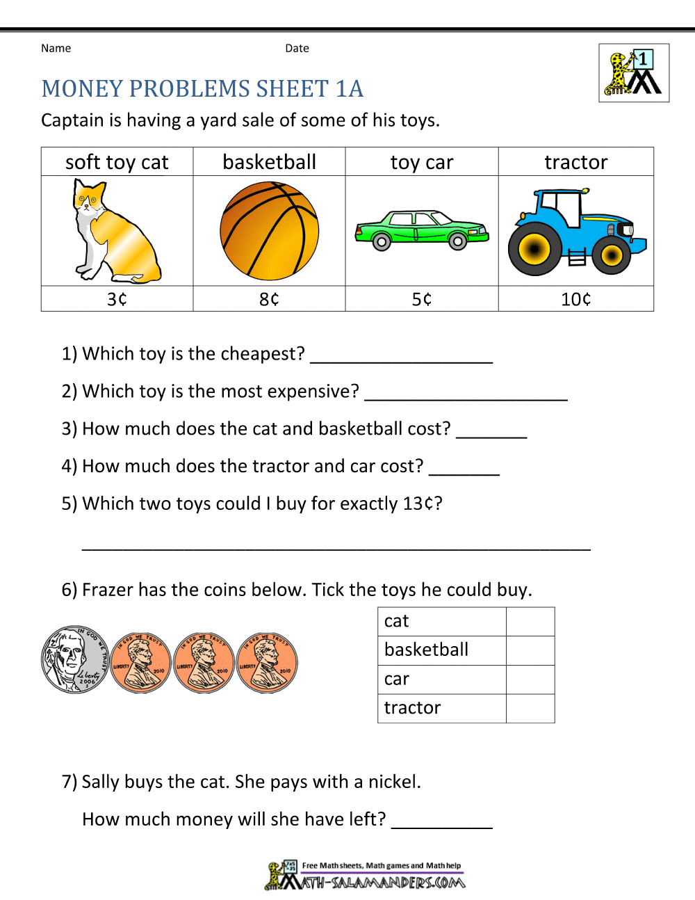 Money Worksheets for First Grade
