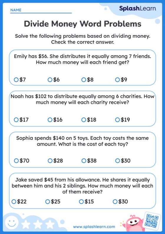Divide Money Word Problems — Printable Math Worksheet