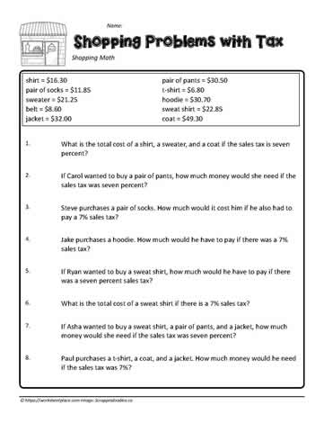 Money Problems with Tax Worksheets