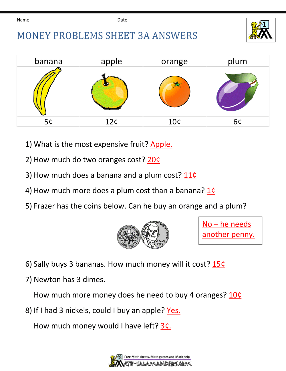 Money Worksheets for First Grade