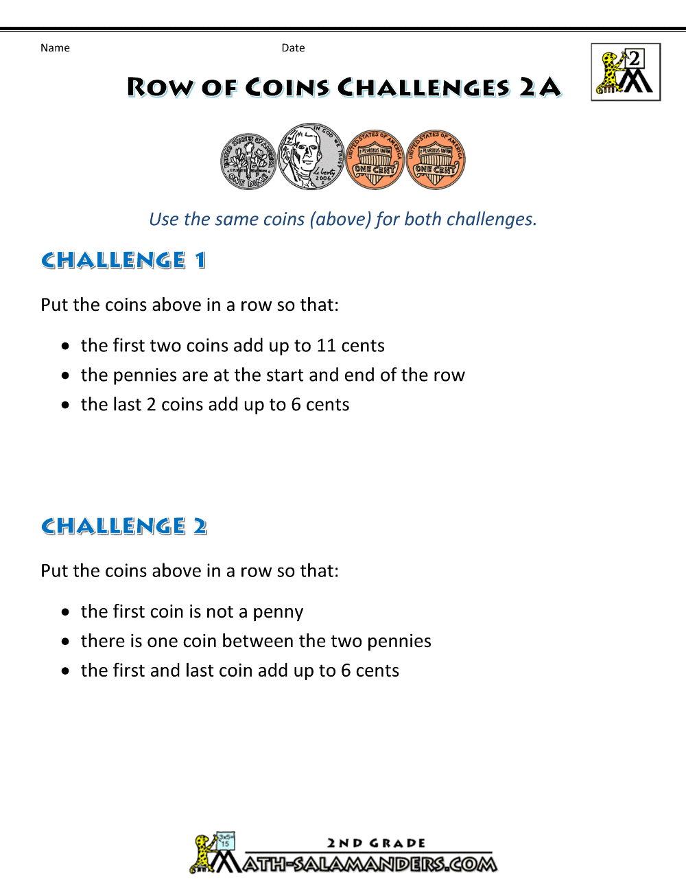 Free Printable Money Worksheets - Money Challenges