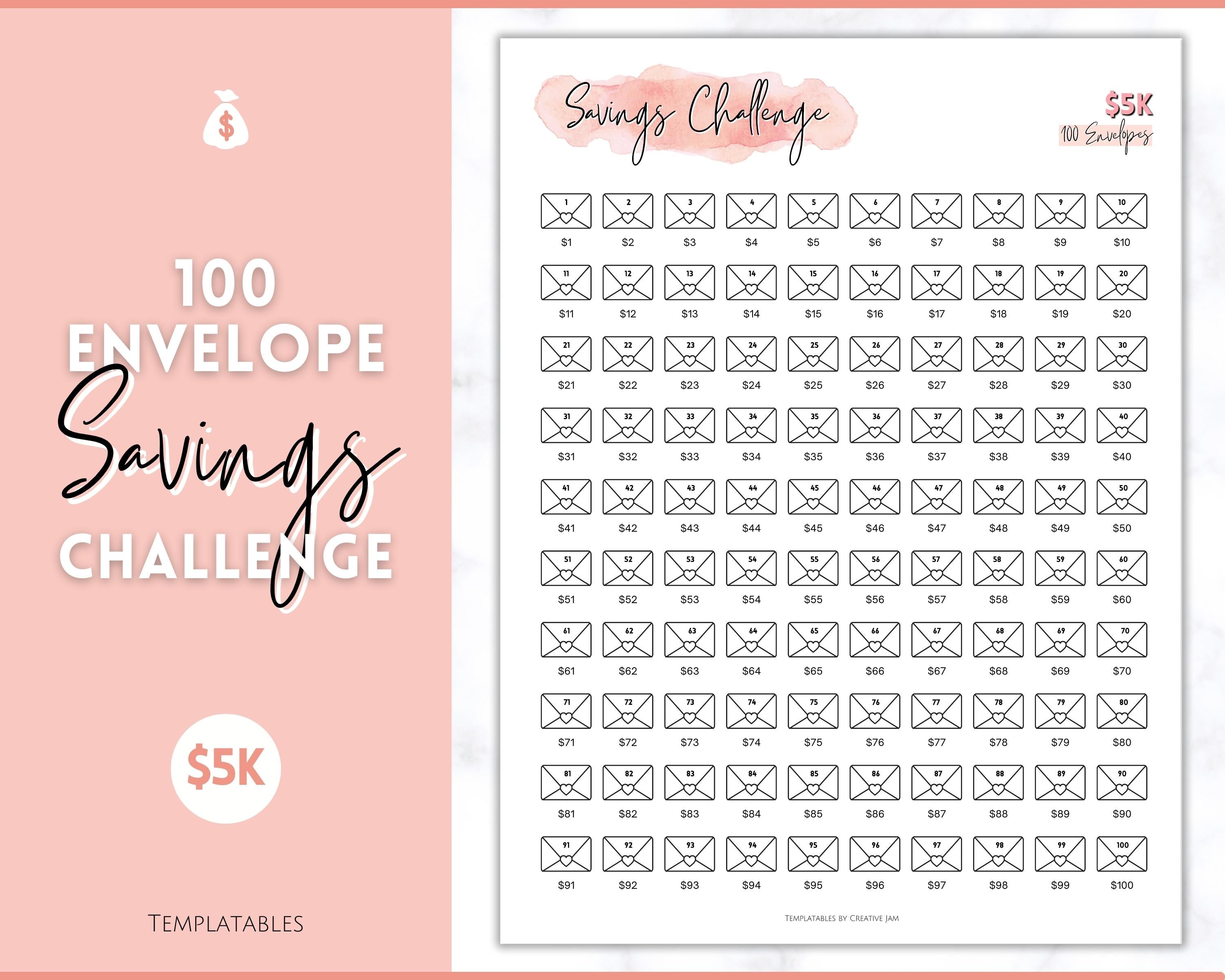 5k 100 Envelope Challenge Printable, 5000 | Pink
