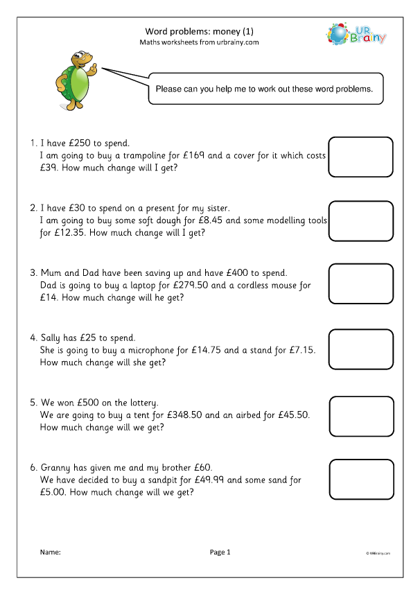 Word problems: money (1) - Measuring and Time Worksheets for Year ... - Worksheets Library for Free Printable Math Worksheets Money Word Problems