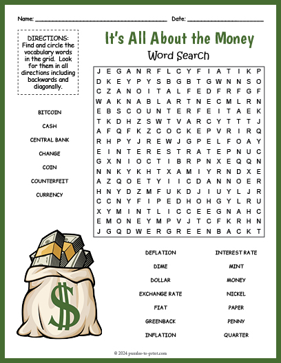 printable money word search