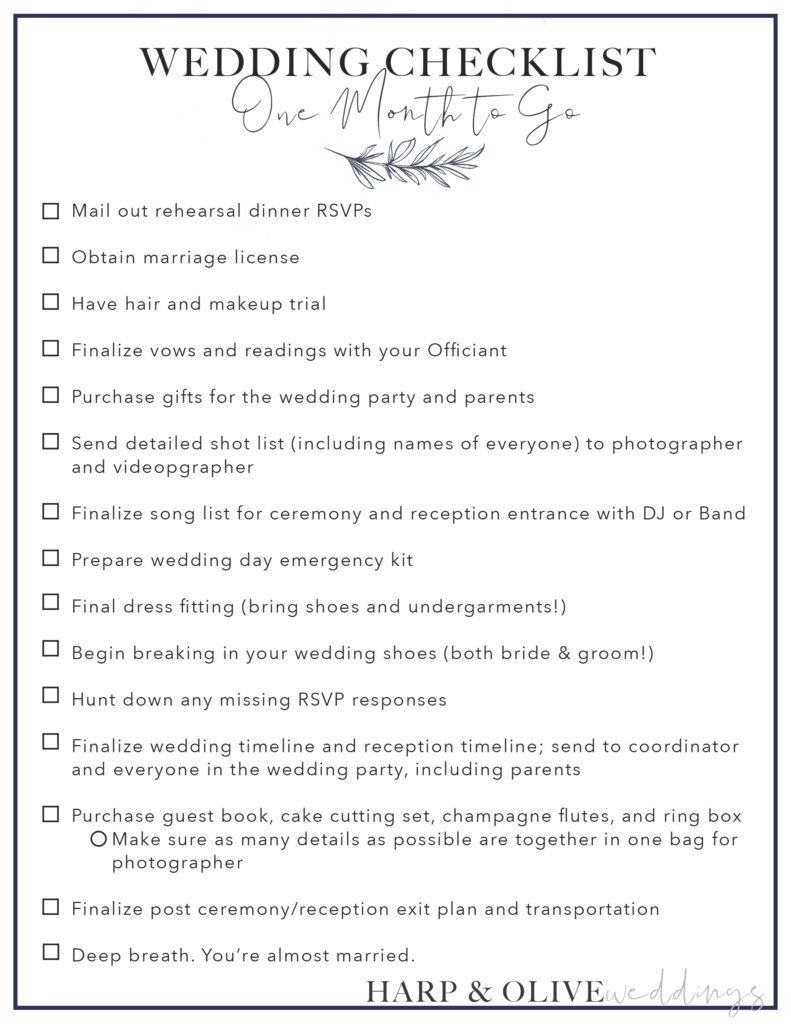 One Month To Go Wedding Planning Checklist | Harp and Olive ...