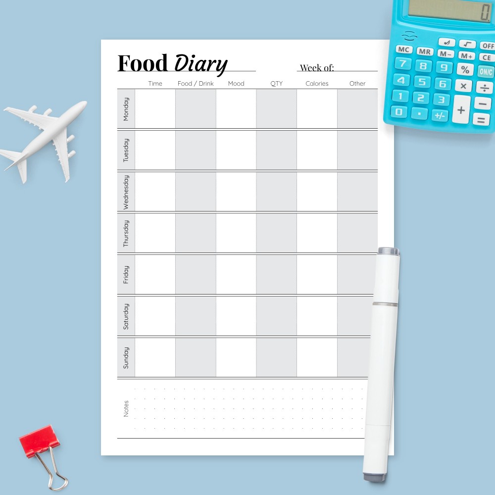 Weekly Food Diary Template - Printable PDF
