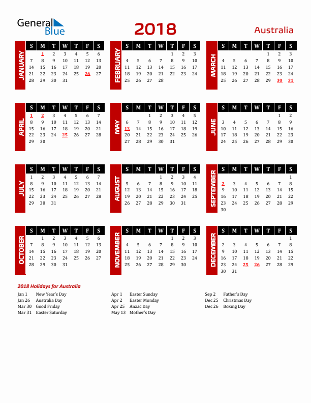 Australia 2018 Yearly Calendar Downloadable
