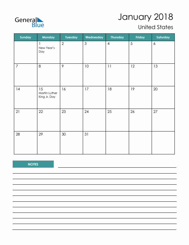 January 2018 Monthly Calendar with United States Holidays