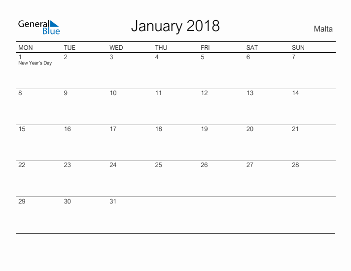 Printable January 2018 Monthly Calendar with Holidays for Malta
