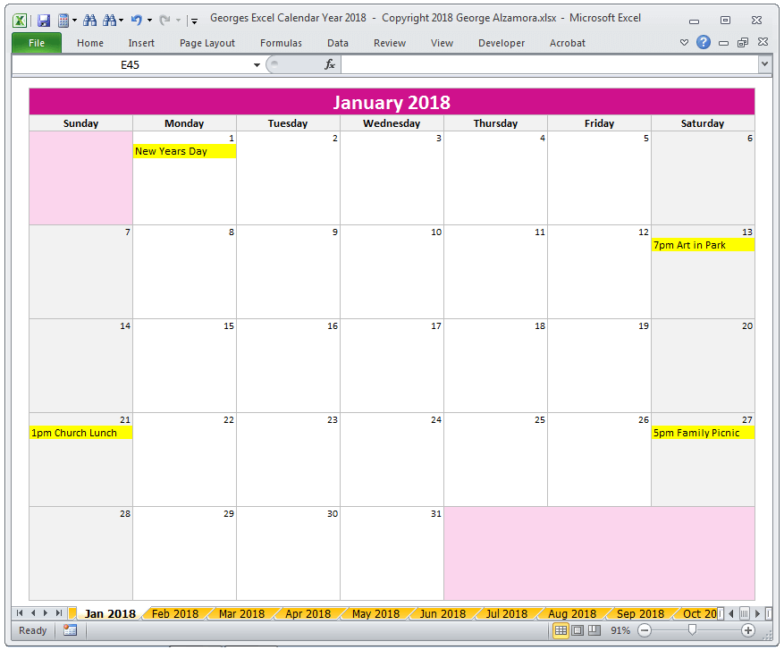2018 Calendar Year in Excel Spreadsheet - Printable - Digital ...
