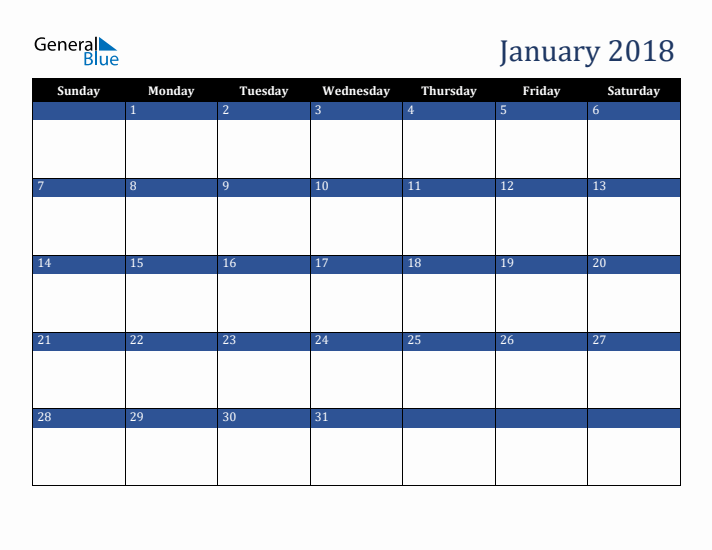 January 2018 Monthly Calendar (PDF, Word, Excel)