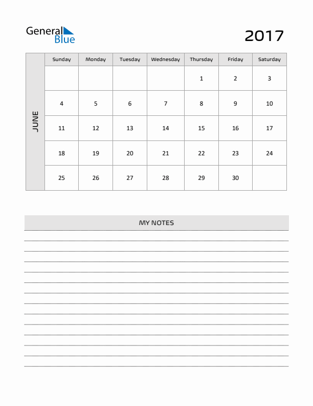 June 2017 Monthly Calendar (PDF, Word, Excel)