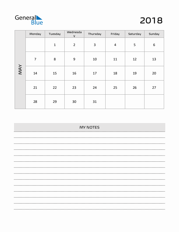 printable monthly planner may 2018