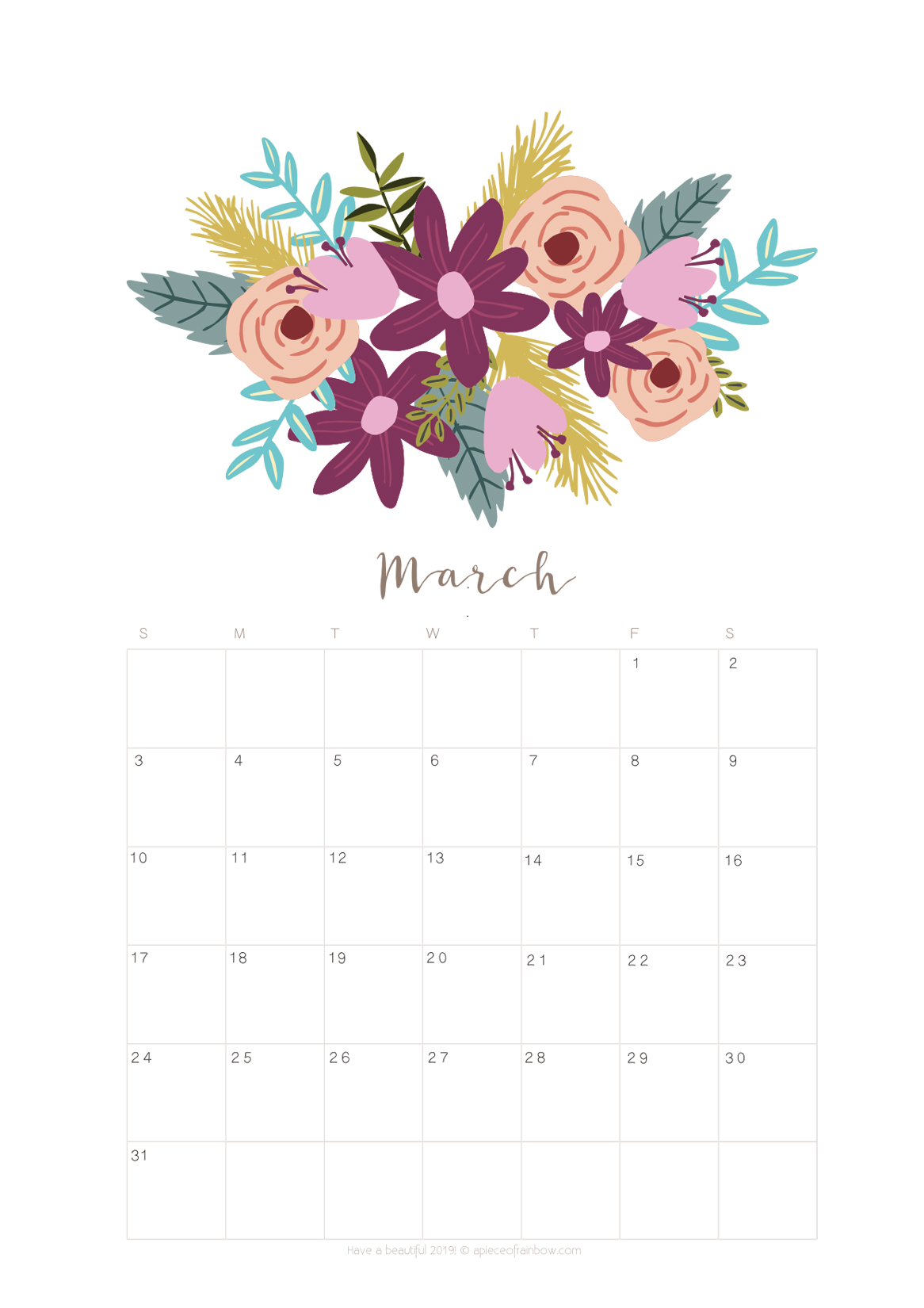 Printable March 2018 Calendar Monthly Planner - Flower Design - A ...