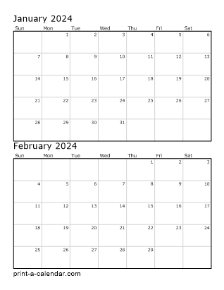 2024 Two Months per page vertical stacked printable calendar