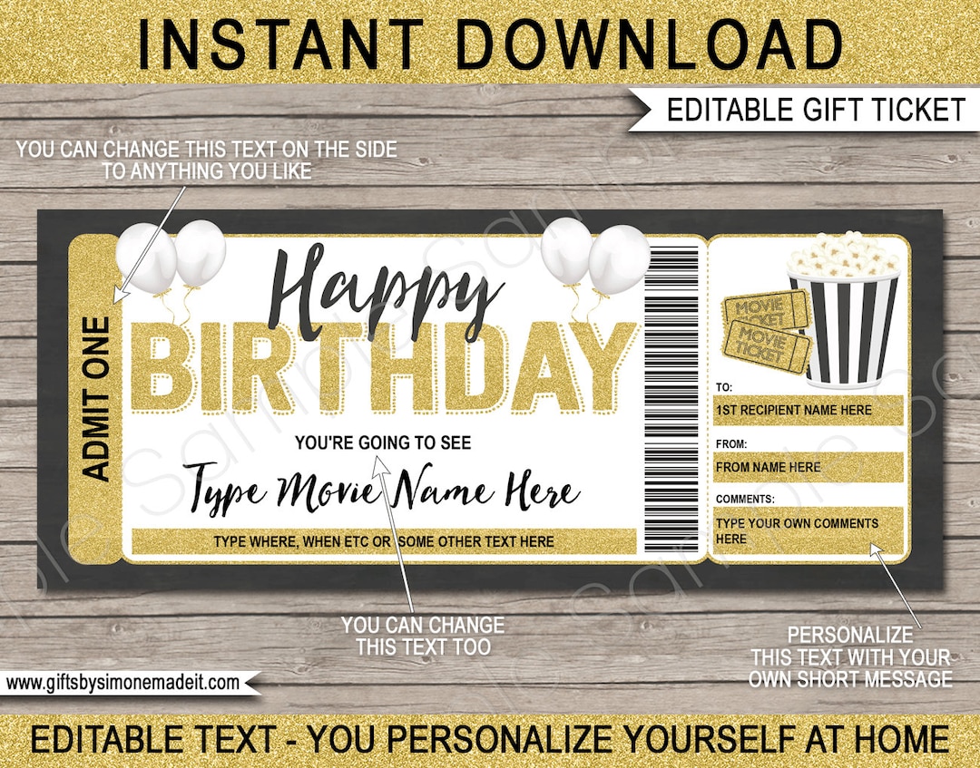 Movie Ticket Template Gift Certificate Voucher Birthday Movie ...