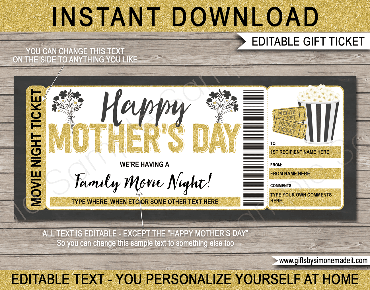 Mothers Day Movie Night Coupon Template | Movie Gift Voucher Ticket