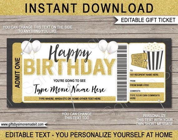 Movie Ticket Template Gift Certificate Voucher Birthday Movie ...