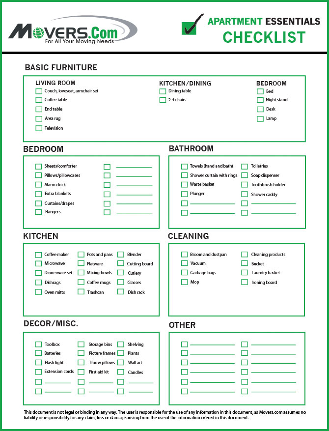Apartment Necessities Checklist - Movers.com