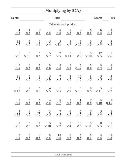 Multiplying (1 to 12) by 5 (100 Questions) (A)