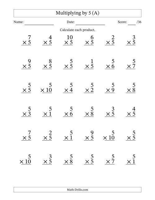 Multiplying (1 to 10) by 5 (36 Questions) (A)