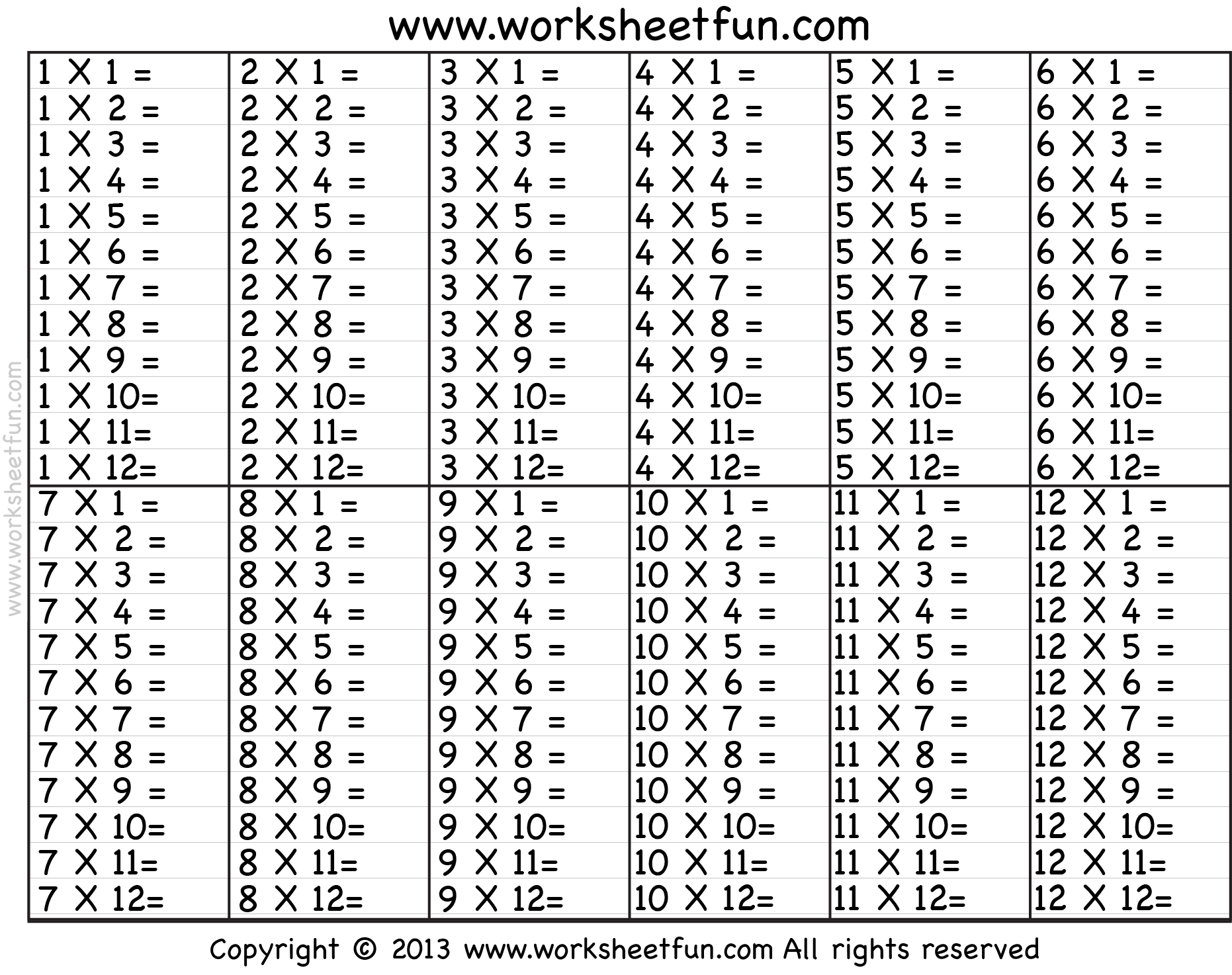 Times Table - 2-12 Worksheets - 1, 2, 3, 4, 5, 6, 7, 8, 9, 10, 11 ...