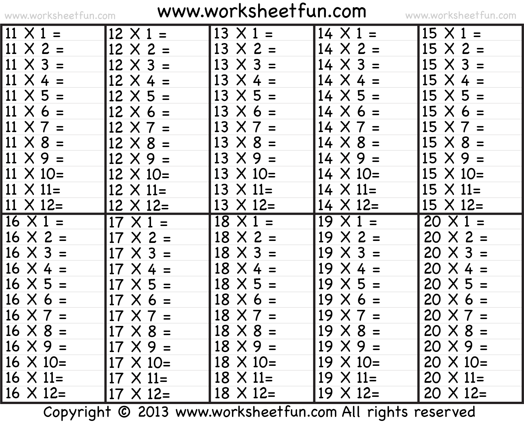 Times Table - 2-12 Worksheets - 1, 2, 3, 4, 5, 6, 7, 8, 9, 10, 11 ...
