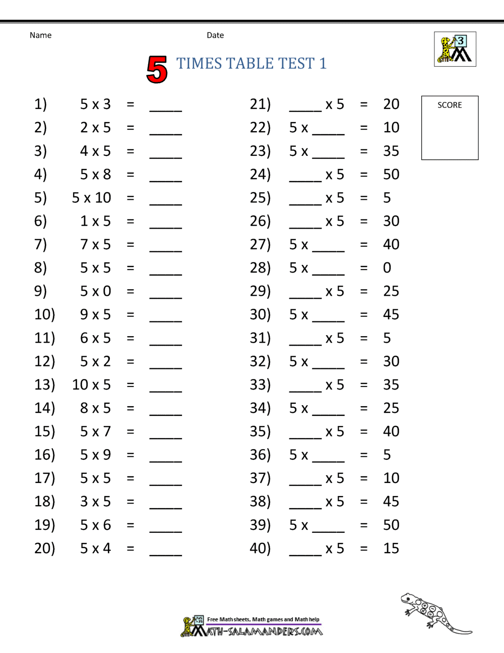 Times Table Math - 5 Times Table Sheets