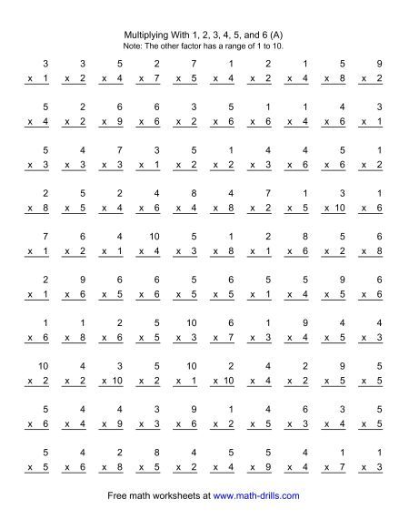100 Vertical Questions -- Multiplication Facts -- 1-6 by 1-10 ...