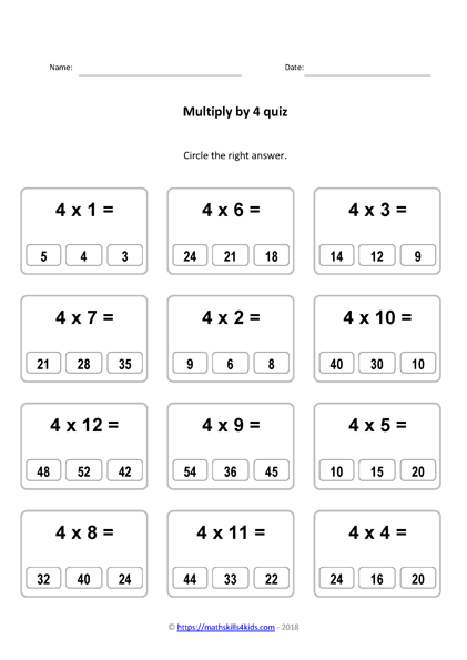 4 times table worksheets PDF | Multiplying by 4 activities