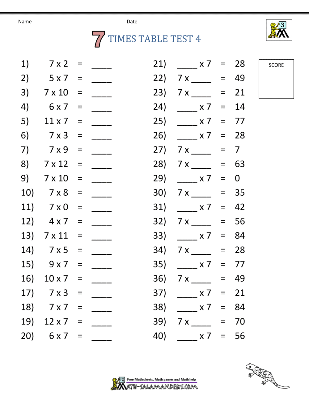 Free Times Table Worksheets - 7 Times Table