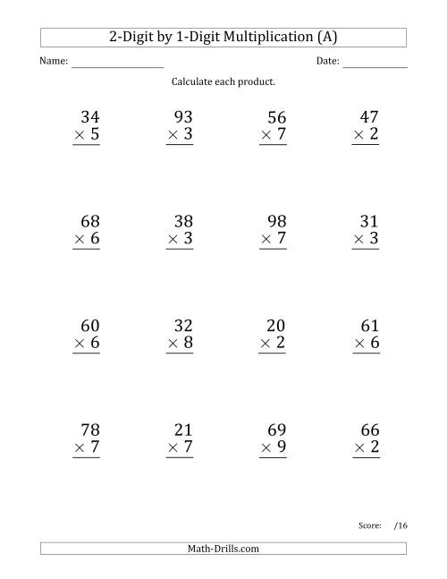 Multiplying 2-Digit by 1-Digit Numbers (Large Print) (A)