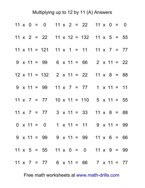36 Horizontal Multiplication Facts Questions -- 11 by 0-12 (A)
