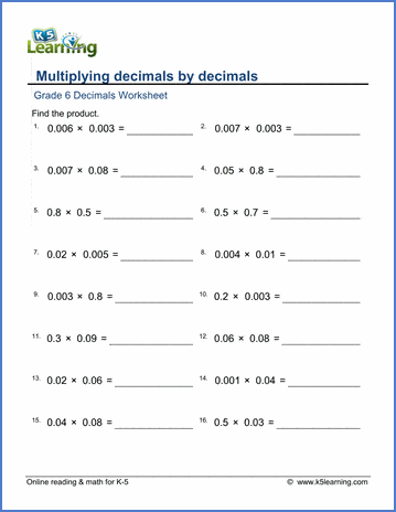 Grade 6 Worksheets: Decimal by decimal multiplication (1-3 digits ...