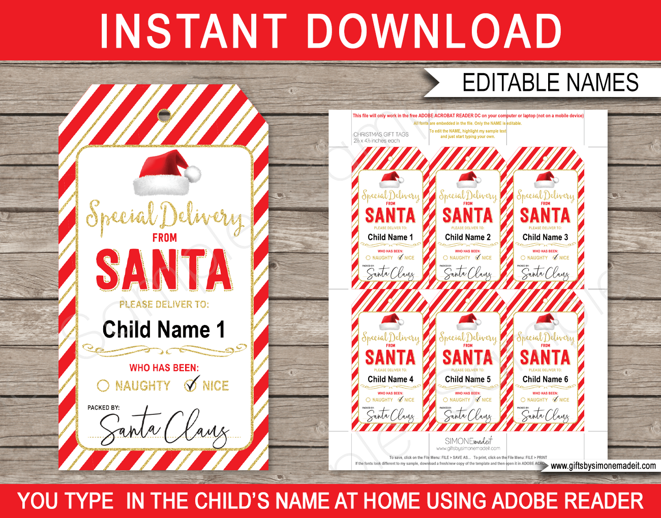 Christmas Santa Gift Tags - red &  gold