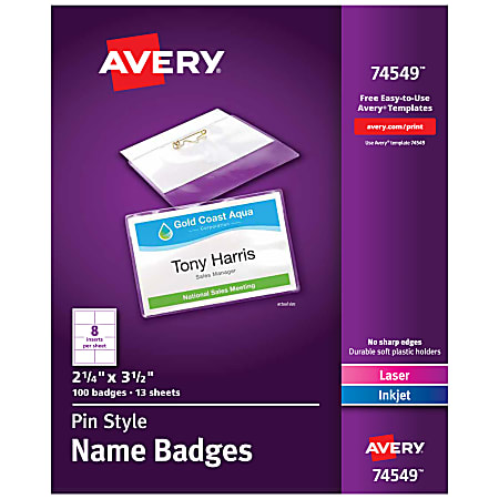 Avery Customizable Name Badges With Pins 74549 2 14 x 3 12 Clear ...