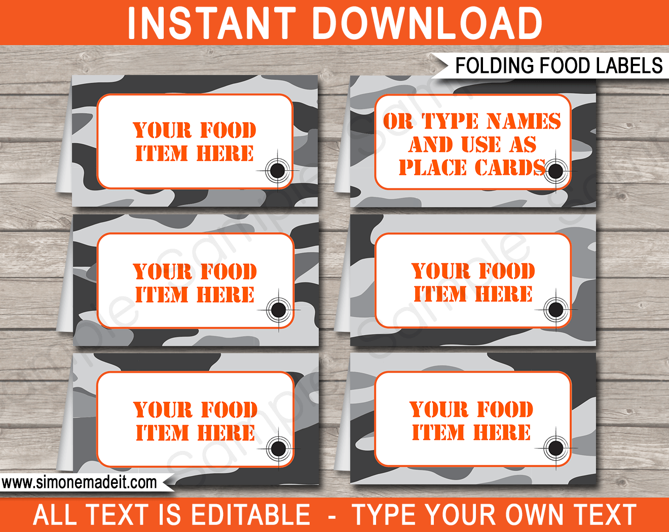 Nerf Party Food Labels template - gray camo