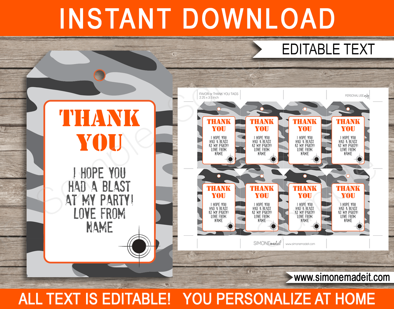 Nerf Party Favor Tags template - gray camo