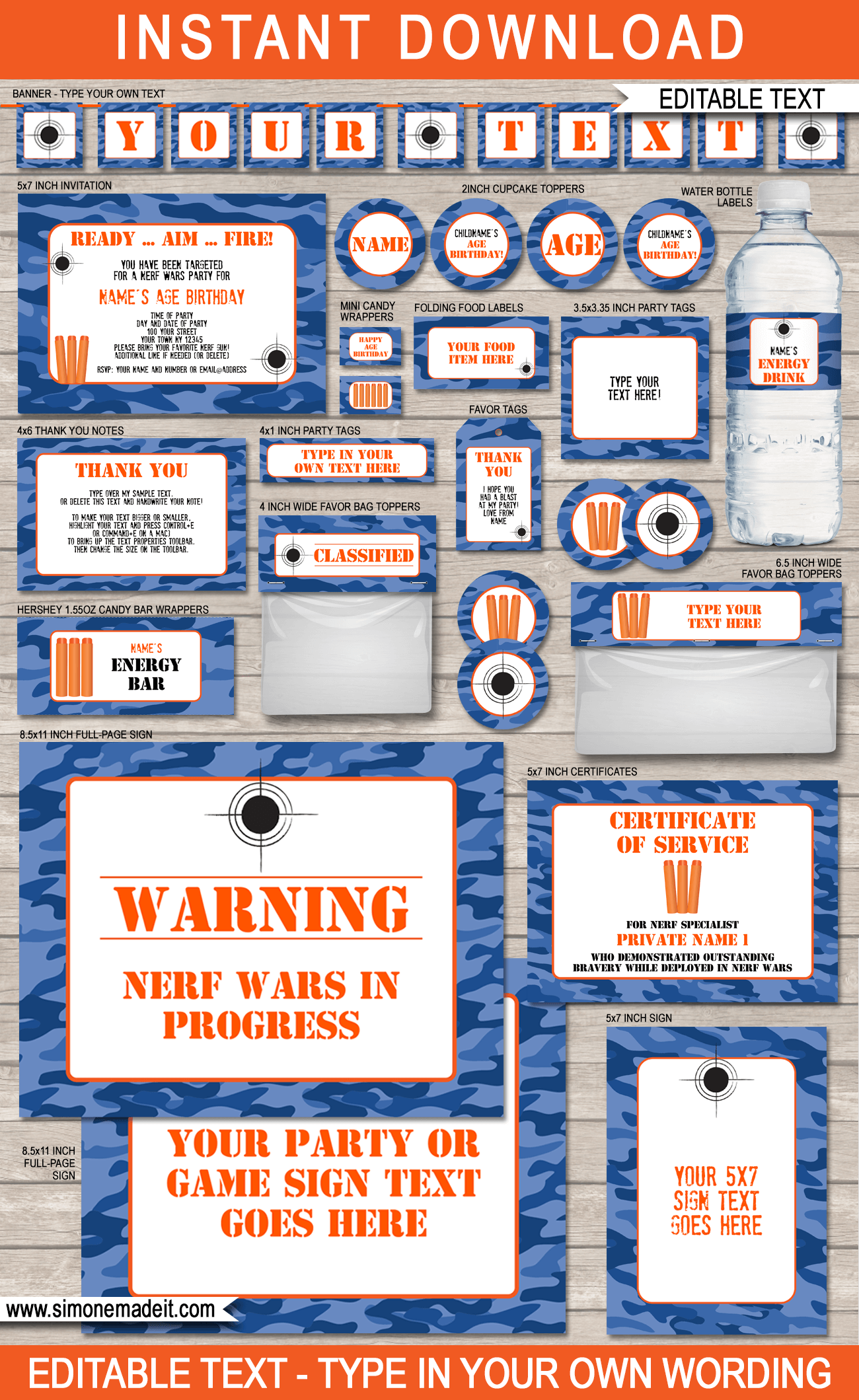 Nerf Party Printables, Invitations &  Decorations - blue camo