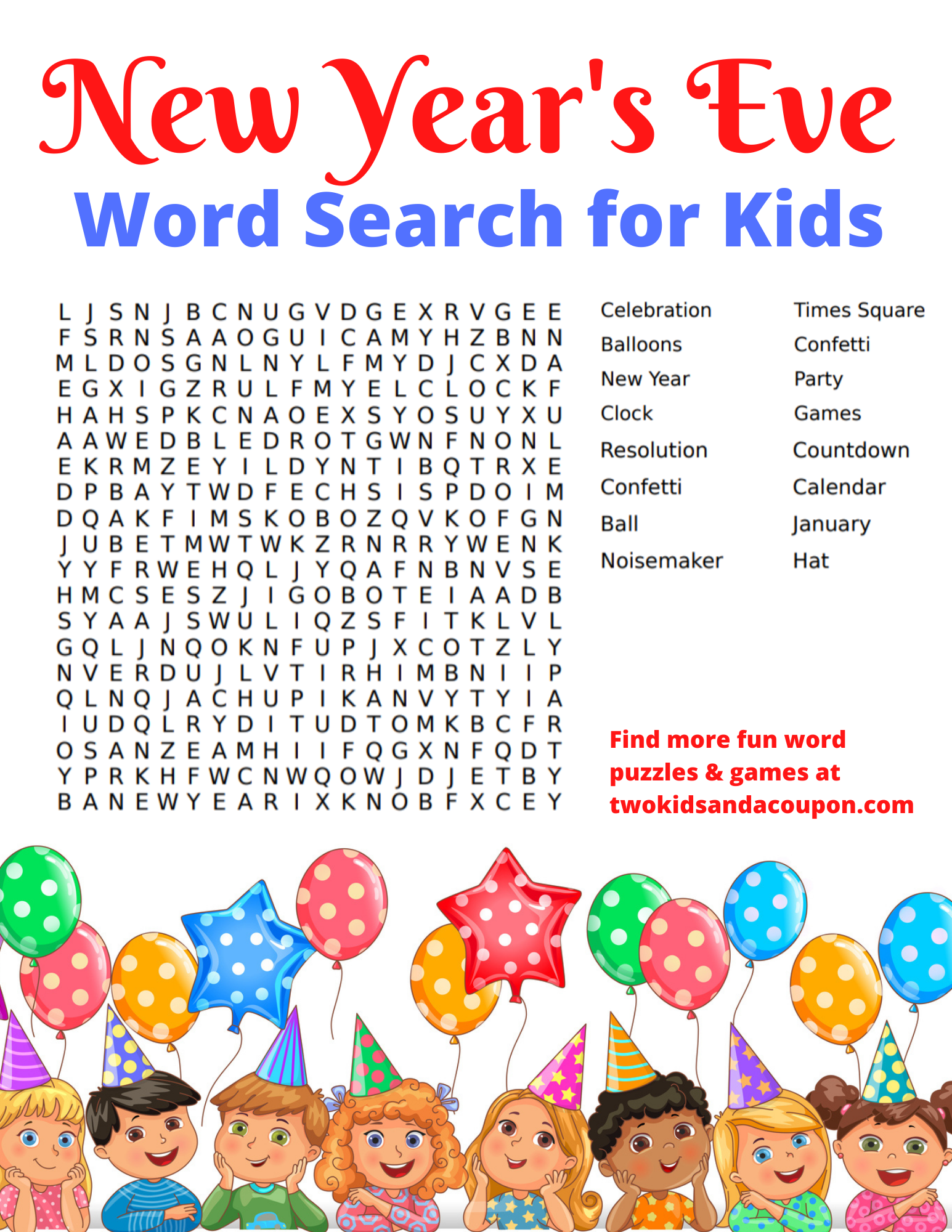 Free Happy New Year Word Search For Kids | CheapThriftyLiving.com