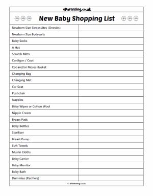 printable newborn shopping list